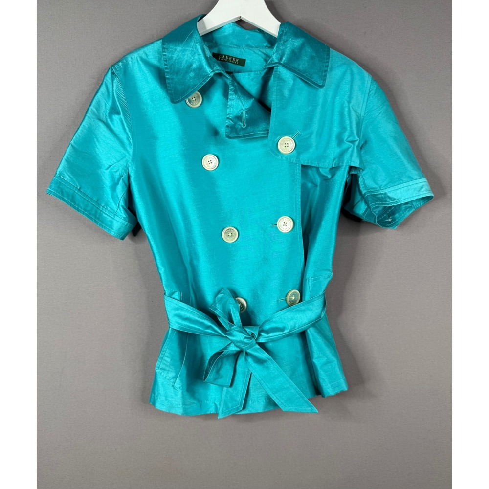 Lauren Ralph Lauren Short Sleeve Trench Jacket Womens 12 Teal Blue Silk Belted